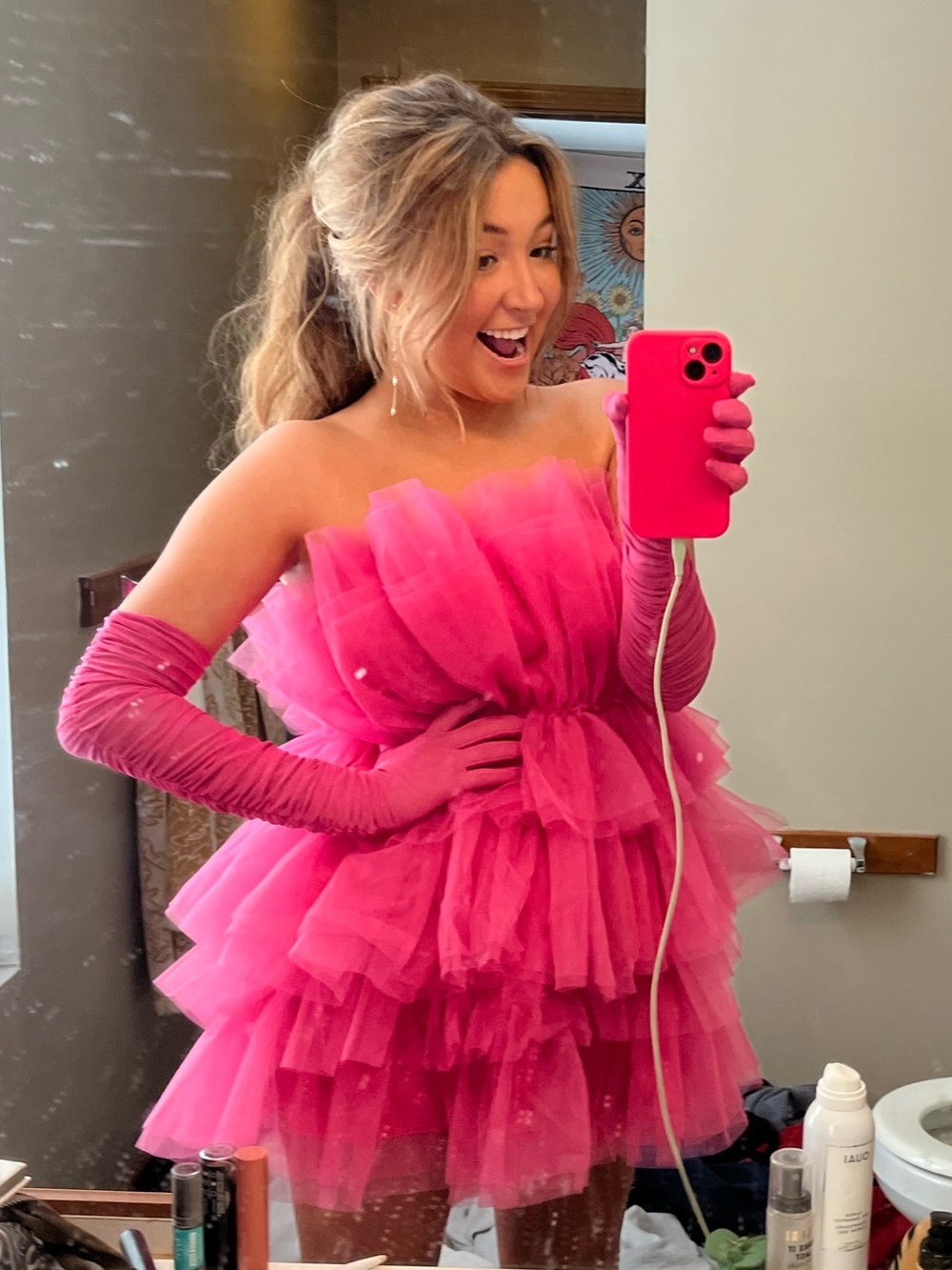 Hot Pink Tulle Party Mini Dress with Matching Gloves